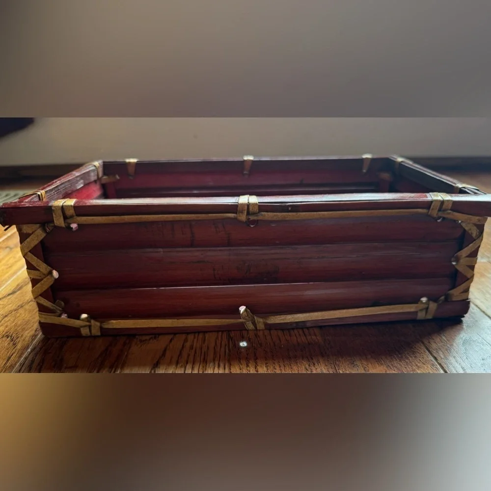 Red Tortoise Shell Bamboo Storage Box Vintage Home Decor Handmade Hand Crate